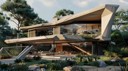 Obraz premium Modern concrete house with a large patio and lush landscaping.