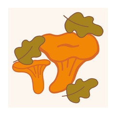 Chanterelle mushrooms surrounded by autumn leaves on a light background in a still life arrangement