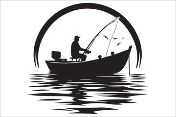 fishing, vector, black, silhouette, outdoor, nature, fish, Fisherman fishing silhouette, lake, river, ocean, water, bait, hook, rod, reel, angler, boat, adventure, sport, hobby, outdoors, casting, 