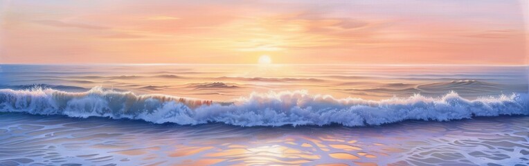 A large wave with foamy white crests crashes against the shore of a calm ocean at sunset. The sun is setting behind the horizon, casting a warm, orange glow across the sky. The water is a beautiful bl