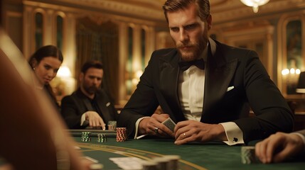 Handsome dealer in a tuxedo dealing cards at a high-stakes poker table with focused players