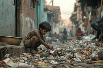 Child scavenging through trash in impoverished street