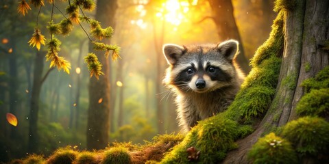 Obraz premium Whimsical forest scene featuring adorable raccoon peeking from behind moss-covered ancient trunk under warm soft golden light with dew-kissed leaves and misty atmosphere.