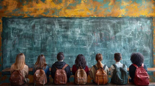 Classroom with a teacher at the chalkboard, isolated on white background. Full body shot, realistic textures, ultra-high-definition, award-winning photography style, colored background.