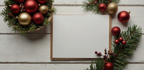 Flat lay composition with Christmas decor and blank card on white wooden table. Space for text