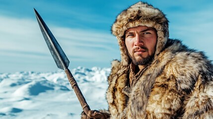 A man in a fur coat is holding a spear