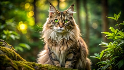 Obraz premium Woodland Guardian: Maine Coon mix in a natural setting with muscular build, bushy tail, and piercing green eyes.