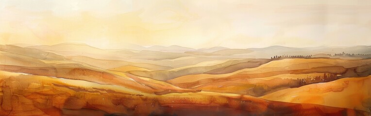 A watercolor painting depicts a picturesque landscape of rolling hills bathed in the warm glow of the setting sun. The hills are painted in shades of gold, brown, and ochre, creating a sense of depth 