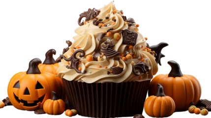 Halloween Cupcake muffin with icing frosting topping of witch hat, Jack O Lantern, spider, skull isolated on transparent background.