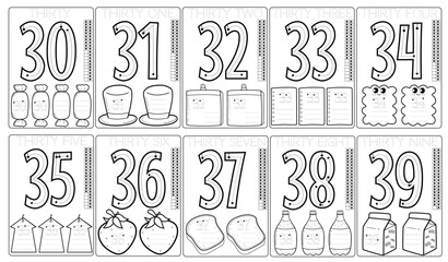 30-39 Numbers Worksheets for Learning for Kids and Kindergarteners. Math Subject. Black and White Illustrations.