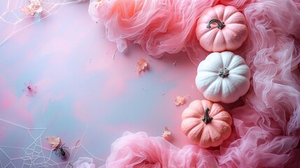 A Halloween flat lay includes white pumpkins, spiders, and webs on a pastel pink background, offering a clean and simple top view with ample copy space.