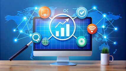 SEO search engine optimization concept with a businessman analyzing digital marketing trends, symbolizing online visibility, traffic, and marketing strategy.