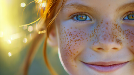 Close up of face of young boy child with red hair and many freckles