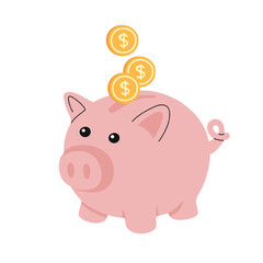 Piggy bank and gold coin. Cartoon design. Budget, financial growth, save money, safe finance investment concept. Vector illustration.