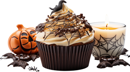 Halloween Cupcake muffin with icing frosting topping of witch hat, Jack O Lantern, spider, skull isolated on transparent background.