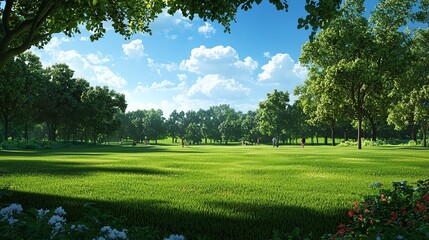 Fototapeta premium A serene grassy landscape under a bright blue sky, perfect for relaxing or outdoor activities in nature's beauty.