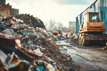 Industrial landfill with heavy machinery and trash piles