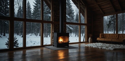 Fototapeta premium Indoor Rustic wooden house with fireplace and snow forest