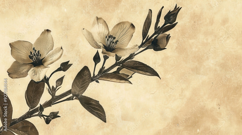 Poster a close-up shot of a branch with delicate, white flowers and leaves set against a faded tan backgrou