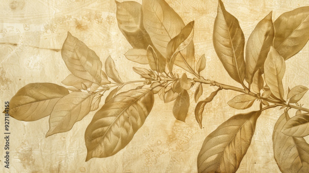 Poster a detailed illustration of a branch with leaves in shades of brown on a textured background. the lea