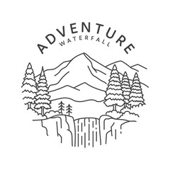 A simple line drawing logo depicting a waterfall in a mountain landscape with a forest in the foreground.