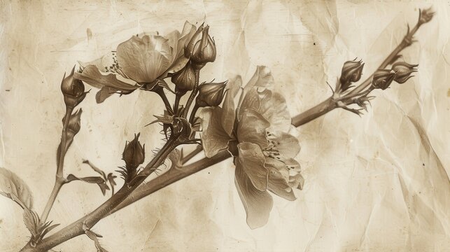 A single rose branch with several open blossoms and closed buds is shown in a vintage sepia tone photograph. The image is textured and slightly faded, giving it a nostalgic and romantic feel.