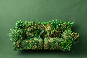 A vibrant green couch adorned with various plants and flowers, blending furniture with nature.