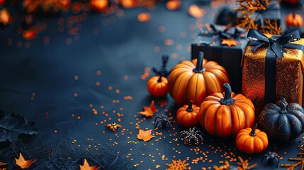 A Halloween holiday background includes gift boxes, orange pumpkins, spiders, bats, and confetti on a black table, perfect for a sale or promotion banner.