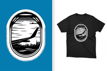 airplane window view t-shirt print and artwork, aircraft window, black and white graphic tee