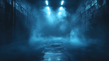 Dark alley with blue neon lights. Perfect for cyberpunk, horror, or mystery themes.