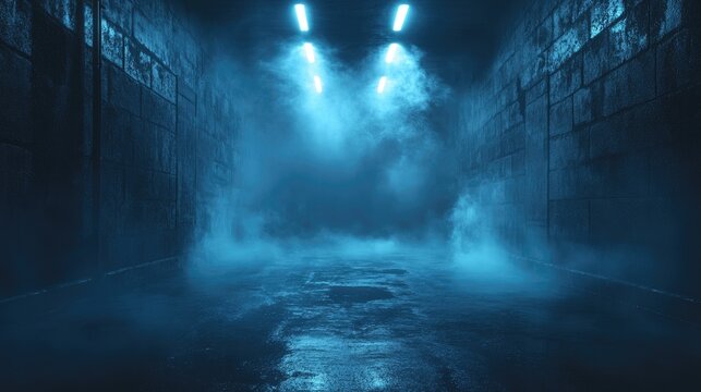 Dark alley with blue neon lights. Perfect for cyberpunk, horror, or mystery themes.
