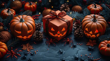 The Halloween banner design features flat lay orange gift boxes, pumpkins, and spiders on a black table, perfect for a Halloween-themed website header.