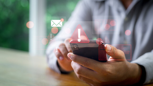 Emergency warning alert alarm on Smartphone, Email inbox alert and spam virus with warning, email security protection alert, Data network protection, Virus alarm. 