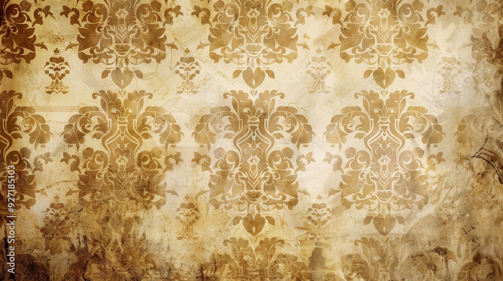 Aufkleber a close-up image of a vintage wallpaper with a damask pattern in shades of gold. the wallpaper has a