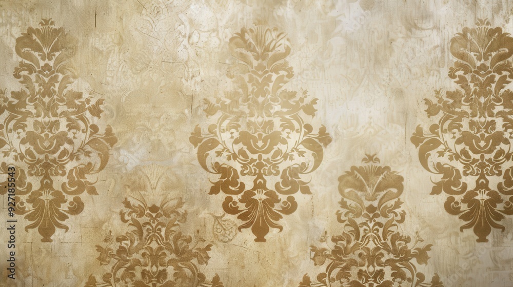 Poster A textured wall with a distressed look is covered in a repeating pattern of gold damask wallpaper. The wallpaper has a slight raised texture, creating a subtle three-dimensional effect. The background