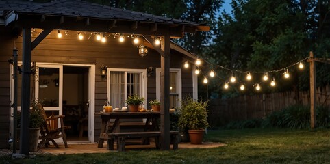 Outdoor string lights hanging on a line on outside house in backyard. Garden decoration. Party camping