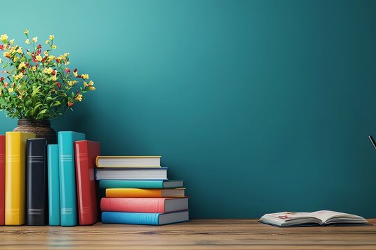 Cozy bookshelf with colorful books and a flower vase on a wooden table against a teal wall, perfect for study or relaxation.