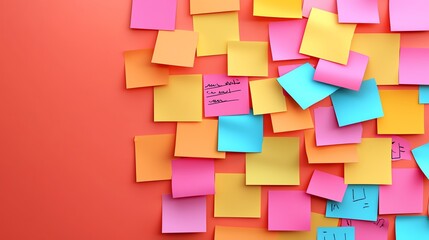 Vibrant collection of colorful sticky notes against a bright orange background, perfect for brainstorming and organization.