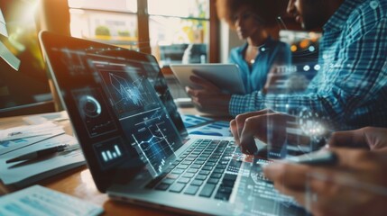 Diverse teammates work intently on laptops amidst a digital overlay of data, reflecting the synergy of technology and teamwork in a modern workspace.