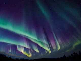 夜にオーロラが出ている幻想的な風景