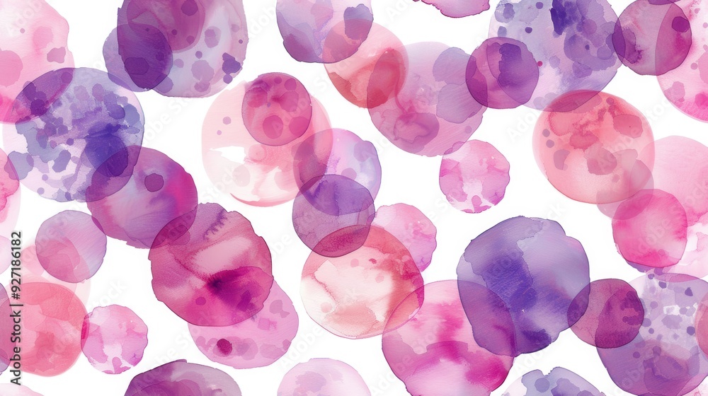Poster This image features an abstract watercolor background with pink and purple circles. The circles are different sizes and overlap each other to create a dynamic and organic feel. The colors are soft and