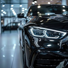 Fototapeta premium A close-up of a sleek black car in a modern showroom with bright lighting.