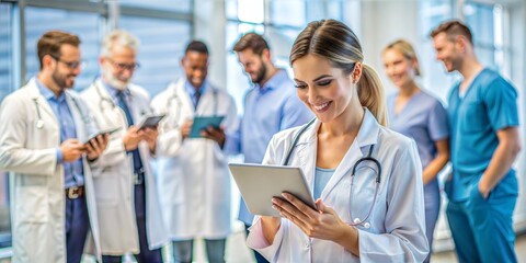 portrait of smiling medical team standing in hospital corridor