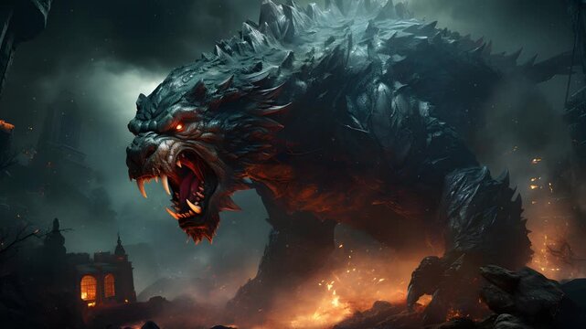 A monstrous, dark creature with glowing eyes growls and snarls in front of a burning city. The creature's roar is a chilling reminder of the terror it inspires.
