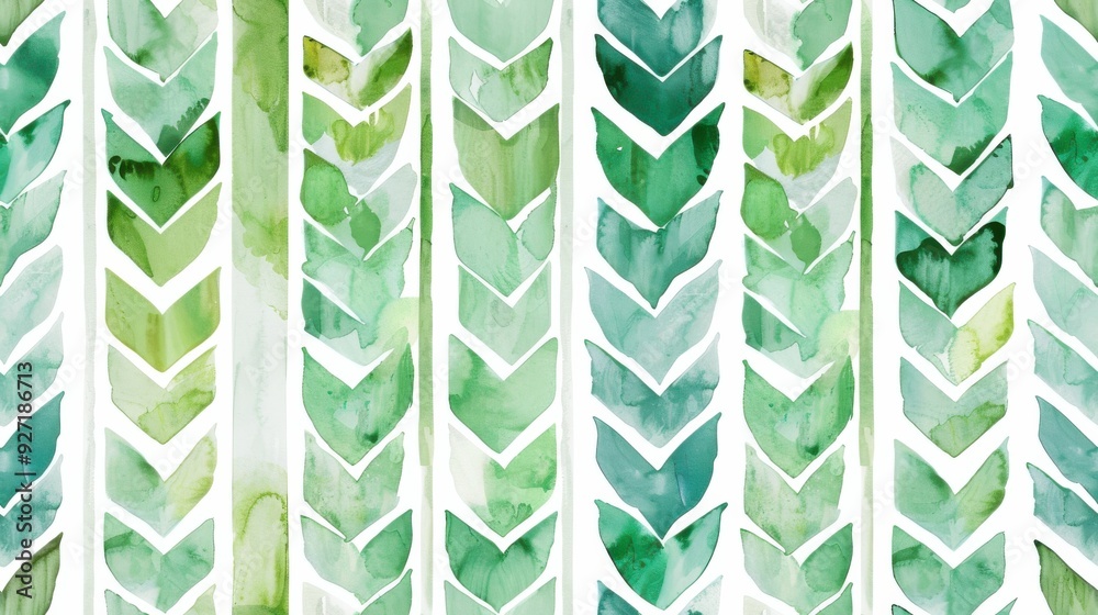 Poster An abstract pattern of green watercolor chevron shapes on a white background. The chevrons are painted in various shades of green, creating a visually appealing and organic texture. The overall effect