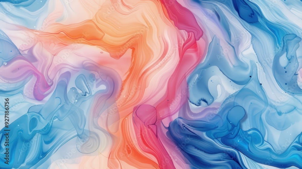 Poster the image is a close-up view of abstract paint swirling and mixing together in shades of blue, orang