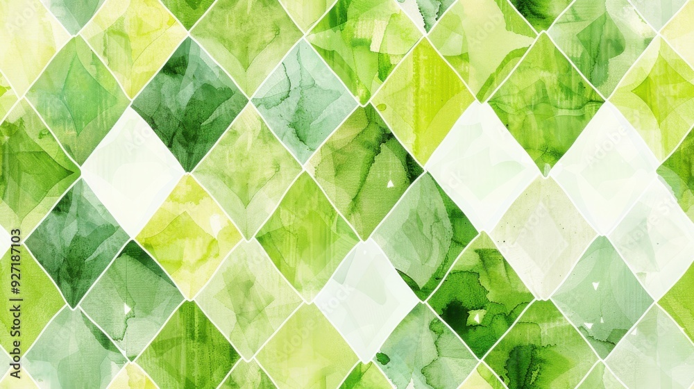 Poster A seamless pattern of overlapping green and white diamond shapes, painted in a watercolor style. The diamonds are arranged in a repeating pattern, creating a visually dynamic and textured background.