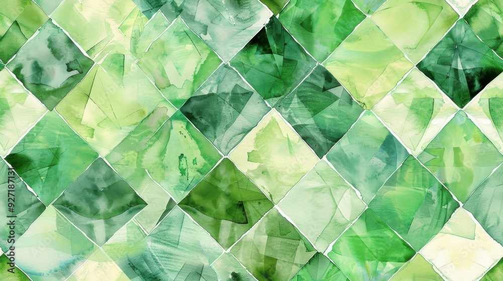 Poster An abstract watercolor pattern featuring a repeating design of green diamonds. The diamonds are painted with a variety of shades of green, creating a dynamic and visually interesting texture.