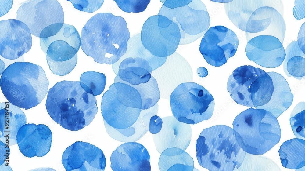 Poster a seamless pattern of blue watercolor circles on a white background. the circles are various sizes a
