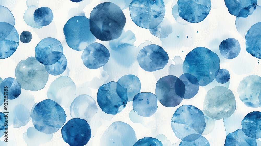 Poster The image features a seamless pattern of blue watercolor circles of varying sizes, scattered on a white background. The circles have a soft, textured appearance and create a visually pleasing and calm